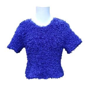 Vintage Gantos Blue Fuzzy Shaggy Short Sleeve Crop Top Sweater Size Medium